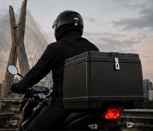 Motoboy de capacete em uma moto com baú rígido traseiro em São Paulo, com a Ponte Estaiada ao fundo